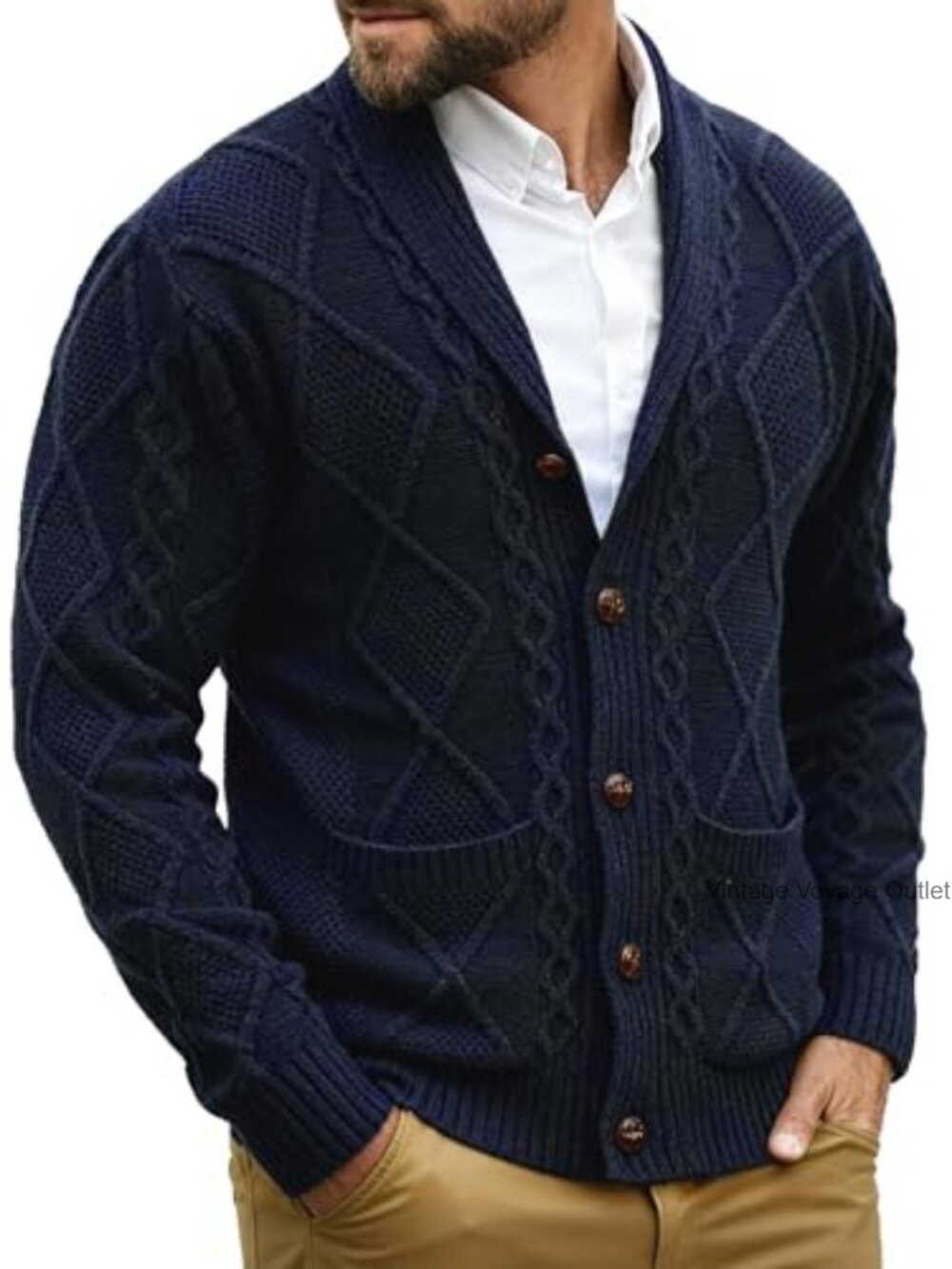 Mens Shawl Collar Cable Knit Button Down Cardigan Sweater with Pockets
